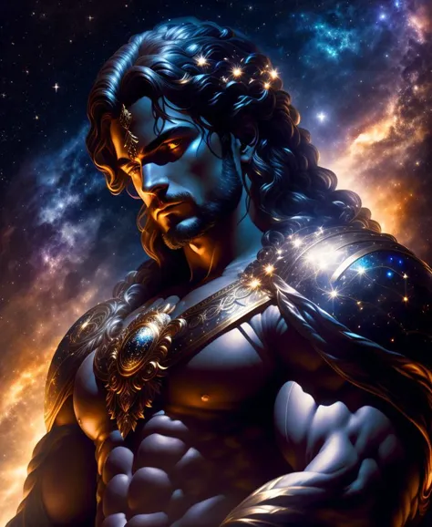 the primordial darkness embodying a greek god, erebus wearing ancient greek glothing, galaxy with solar system as background, [cinematic, soft studio lighting, backlighting, dark background]