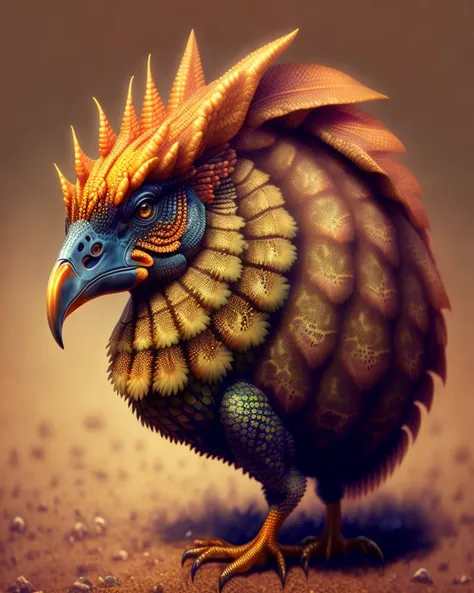 a reptilian rooster, scaly rough skin, spines, claws, venom