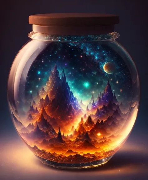 the entire universe contained inside a glass jar, super realistic, hyper detailed, dramatic lighting, 4k