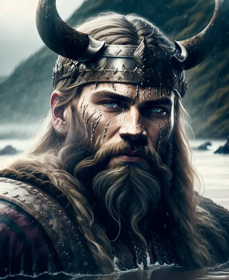 Close-up of (Viking King:1.3) emerging from wet black mud