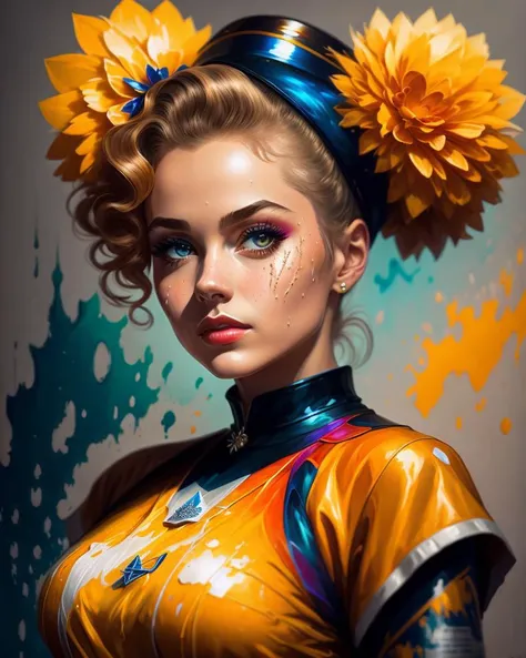 olpntng style, A highly detailed and hyper realistic drawing of a 1950's atomic waste cheerleader, by alberto seveso and lisa frank, trending on artstation, sharp focus, studio photo, intricate details, highly detailed, by Tvera and wlop and artgerm, insane detail, oil on canvas, moody, eerie, mystery, artstation, sharp focus, cinematic lighting, studio photo, intricate details, highly detailed, concept art, oil painting, heavy strokes, paint dripping