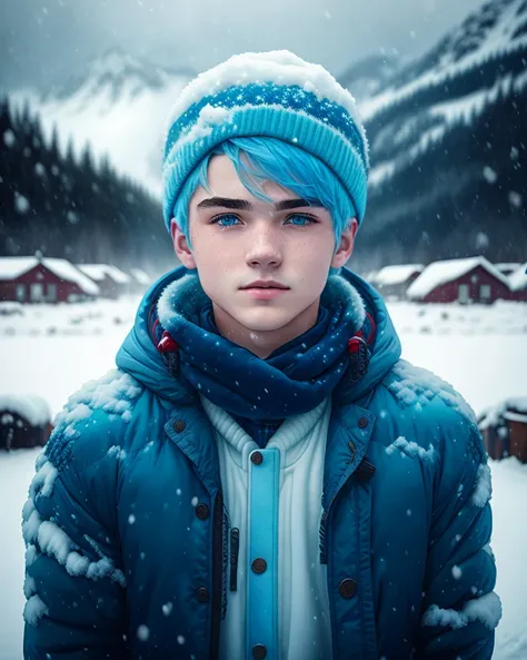 a young man with blue hair standing in the snow, by Michael Sutfin, featured on cg society, vancouver school, shot on sony a 7 iii, beautiful avatar pictures, camp half-blood, jeremy elbertson