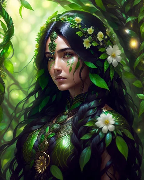 Goddess of nature, native american indian, green vines and flowers with black flowing for hair, feathers, trending on artstation, sharp focus, studio photo, intricate details, highly detailed, by greg rutkowski