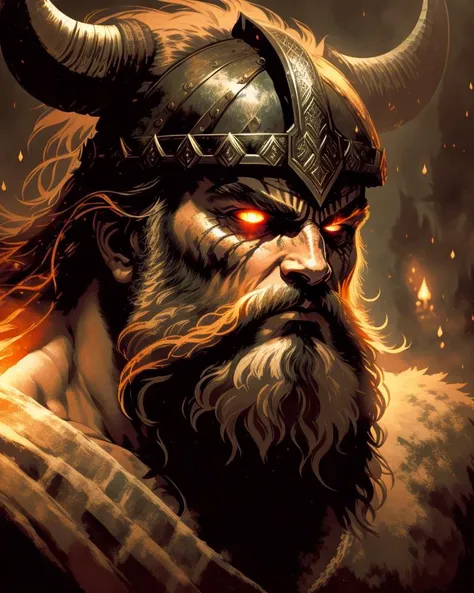 Viking, barbarian, warrior, glowing eyes, horned helmet, beard, angry face, high detail, inky