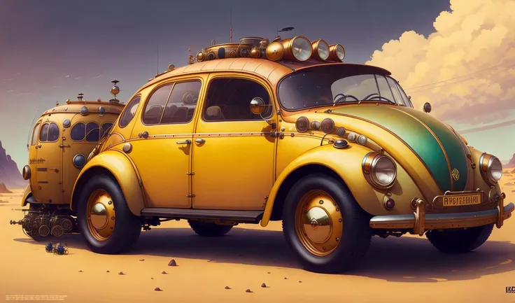 "Portrait of a steampunk vw bug car made out of spare parts, by Arai Yoshimune, Simon Stlenhag, and Dan Mumford Photorealism hyperdetailed trending on Artstation 8k resolution digital illustration cel-shaded Ukiyo-e romanticism expressionism impressionist"