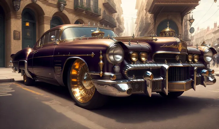 Cadillac El Dorado de style Badass Steampunk dans une vieille rue pave, trending on artstation, sharp focus, studio photo, intricate details, highly detailed, by greg rutkowski