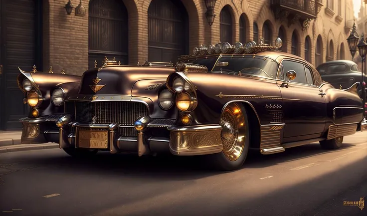 Cadillac El Dorado de style Badass Steampunk dans une vieille rue pave, trending on artstation, sharp focus, studio photo, intricate details, highly detailed, by greg rutkowski
