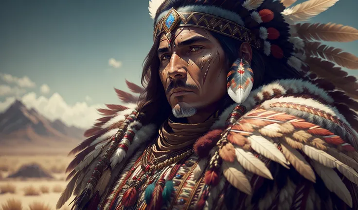 Native american indian warrior king, feathers, cinematic, realistic, trending on artstation, sharp focus, studio photo, intricate details, highly detailed, by greg rutkowski
