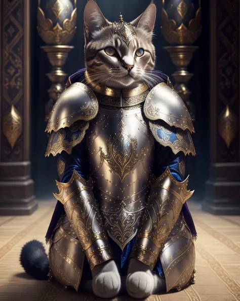 kneeling cat knight, portrait, finely detailed armor, intricate design, silver, silk, cinematic lighting, 4k
