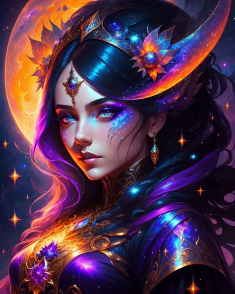 Cosmic sorceress, nice perfect face clear skin, nebulas, galactic, concept art portrait greg rutkowski, artgerm, hyperdetailed intricately detailed gothic art trending artstation triadic colors, unreal engine, fantastical, intricate detail, splash screen, complementary colors, fantasy concept art, 8k resolution, gothic deviantart masterpiece, oil painting, heavy strokes, paint dripping