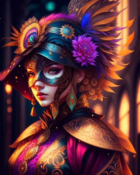 centered detailed portrait of a masked woman wearing a venetian mask, vibrant peacock feathers, intricate, elegant, highly detailed, digital painting, artstation, smooth, sharp focus, illustration, illuminated lines, outrun, vaporware, intricate venetian patterns, cyberpunk darksynth, by audrey kawasaki and ilya kuvshinov and alphonse mucha, award winning, ultra realistic, octane render