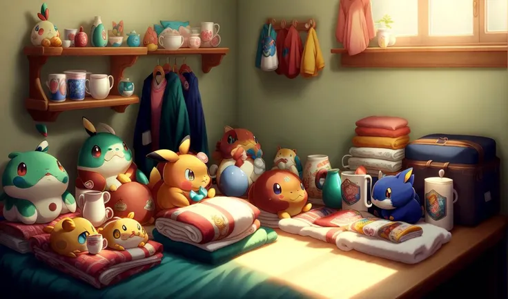 a table full of merchandise, stuffed animals, tshirts, mugs, and towels, pokemon anime style