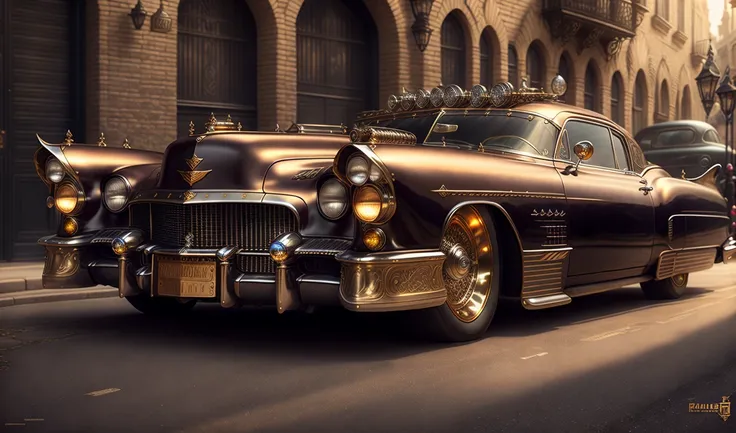 Cadillac El Dorado de style Badass Steampunk dans une vieille rue pave, trending on artstation, sharp focus, studio photo, intricate details, highly detailed, by greg rutkowski