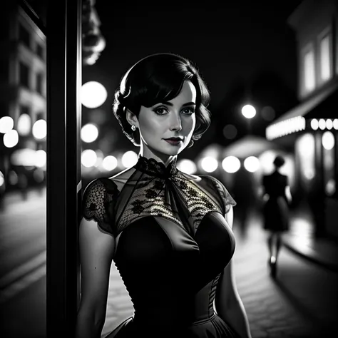 film noir, analog style, hip cocked, demure, (bowed head:0.5), sexy cocktail dress, low cut, black lace, (sheer:1.17), stockings, elbow gloves, jewelry, detailed skin, pores, (wrinkles:0.5), short hair, (muscle definition:0.5), smirk, smiling eyes, matte skin, outdoor cafe, (night:1.5), soft lighting, subsurface scattering, realistic, heavy shadow, b&w, masterpiece, best quality, ultra realistic, 8k, golden ratio, Intricate, High Detail, film photography, (soft focus:0.6), x1q