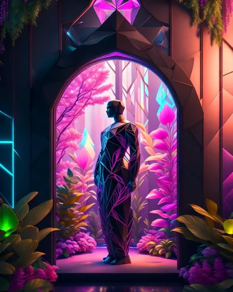 big beautiful mannequin sculpted out of black glass by billelis + lit with 3d geometric neon + forest in background, facing a doorway opening with neon pink geometric fractal light + flowering hosta plants, moon in background, rule of thirds, clean linework, dramatic, award winning, 4k, trending on artstation, photorealistic, volumetric lighting, octane render