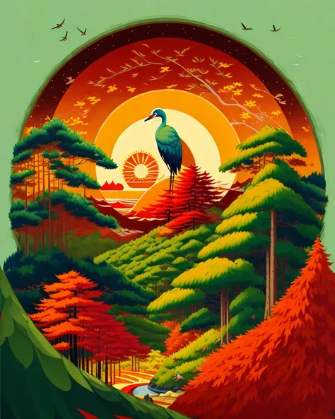 Painting of a japanese crane entering a japanese pine forest, by range murata, a big red sun in the background, front playing card, vector line art, trending in pixiv, anime concept art, awesome, matte, paul gauguin, van gogh