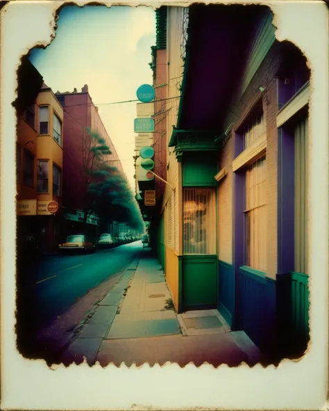 now york city street, a photo from the 70s, polaroid, high-quality, polaroid, color bleed, light leak, high-res