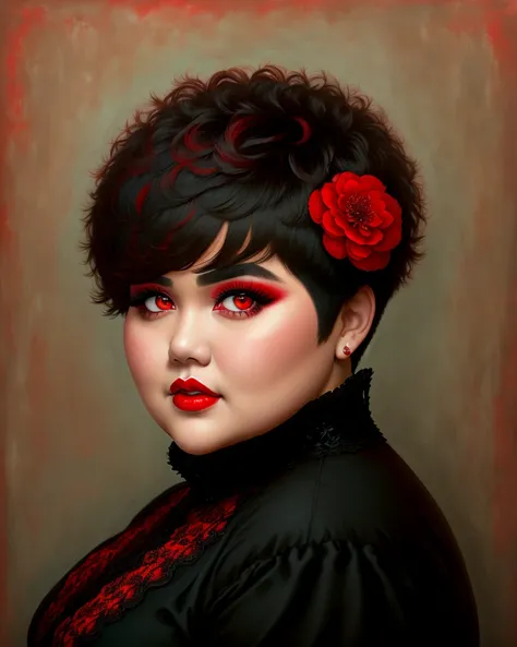 big beautiful chubby woman, very short hair, red eyes, red lips, big eyes, very long black lashes covering the whole face, full body portrait