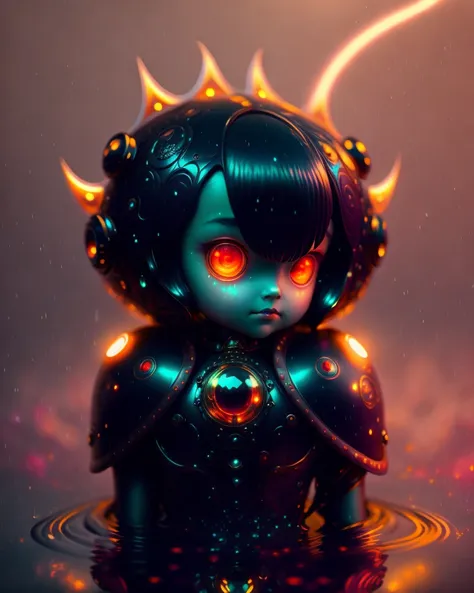 centered detailed of a art nouveau style alien with giant glowing eyes, futuristic sci - fi character design by mark ryden and pixar hayao miyazaki. trending on behance hd | dark color scheme background : black hair in the middle foreground: atlantis setting is lit up from above only red light while it's raining outside oil paint splashing across their face + greg macro photography+ cinematic lighting!!! dramatic lightning