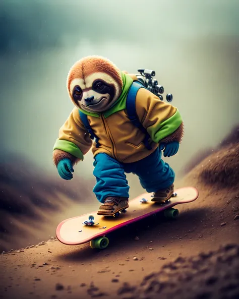 Sloth downhill skateboarding in the fog, medium format photography, tilt shift photography, cinematic, cinematic color grade, cinematic composition, bokeh, lens flare