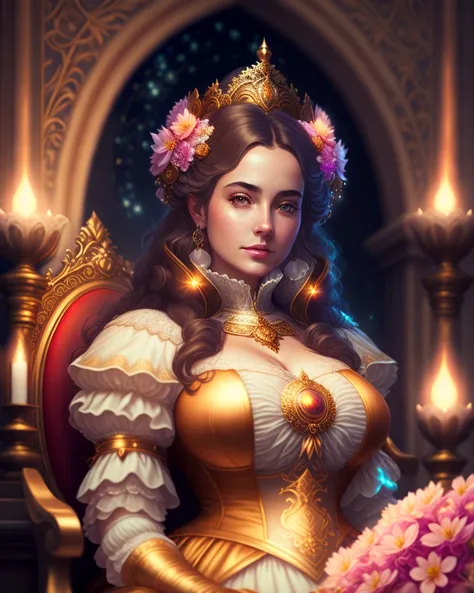 woman big boobs, portrait of the powerful empress in her castle above earth with a sky background by jean - honore fragonard and anna dittmannand. glowing lights!! intricate artwork made from flowers! octane render!!! trending on artstation hd!!!! 8 k scientist very coherent symmetrical centered face extremely detailed gothic closeup character concept fashion clothing design 4 0 mm focal length | unreal engine 5 : 1 6 sitting
