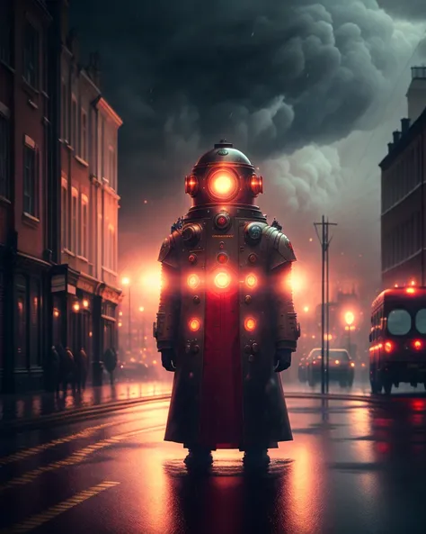 london in a storm on fire, realistic photo from the 7 0 s - 1 2 8 4 mm f 5. 6 lens of an evil robot with glowing red eyes standing alone at night by gregory crewdson and annie leibovitz : 3 hyperrealistic photorealism photography intricate ultradetailed matte painting trending artstation conceptart octane render unreal engine cgsociety contest winner award winning golden ratio centered symm