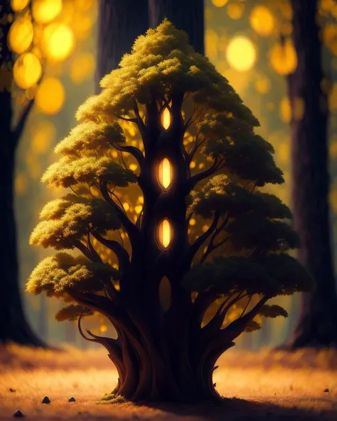 centered detailed portrait of a tree, unreal engine 5 rendered - h 704 4 k artstation cinematic moody lighting and shadows by zdzislaw beksinski norman rockwell greg tocchini james mccullin style highly detaute gold color scheme with much more coherent character design elements. shadowrun background bokeh light dark rich colors noir colour palette fine detail 8 0 mm lens effect soft focus trending on