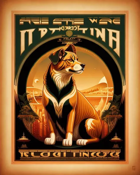 centered detailed of a art deco travel poster for an exotic dog