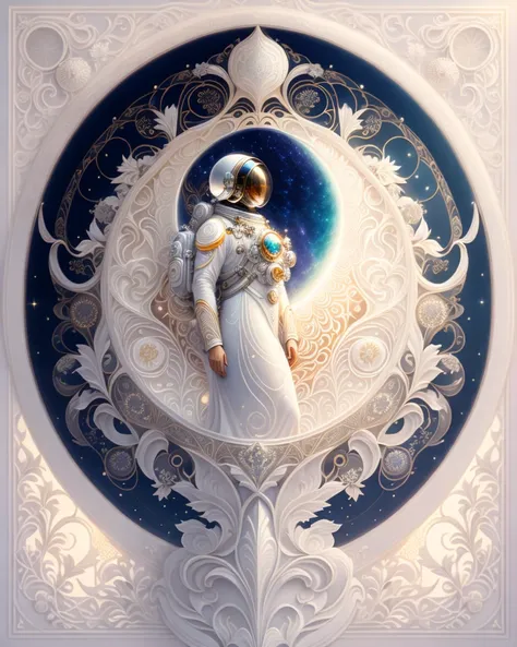 centered detailed of a art nouveau painting on white background, an astronaut floating in space by ernst haeckel and james gilleard 4 k trending at behance award winning masterpiece with incredible details hyperrealistic hd octane render volumetric lighting god rays 8k post-processing