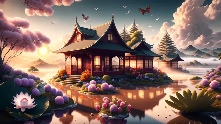 _shuimo_ landscape dreamlikeart, 3d render of,(masterpiece), (extremely detailed CG unity 8k wallpaper), sharp male focus,
in the morning, Red sun, The white clouds,
castle peak, cedar, guest-greeting pine, welcoming pine, pines,
waterfall, The flow of water,
cranes, water birds,
crane, dragon, kirin,
lake, river, the mist,
bridge, the small pavilion, he small attic,
boats,
lotus lotus, leaf, water lily,
Swimming carp, jumping carp,
Peony, bamboo, the plum blossom, The magpies, orchid, chrysanthemum, butterfly,
Windows,
noise reduction, Detail Painting Luki, CG Social Contest winner, Fantasy Art, Voluminous VFX smoke, photo via 5000000px, tetrachromatic, Dipping Gold Powder Gloss Glaze,godlike, dreamlike, octane render global illumination, UHDR, symmetrical artwork,Tyndall light effect.popular on ArtStation, popular on Pixiv,popular on deviantart.