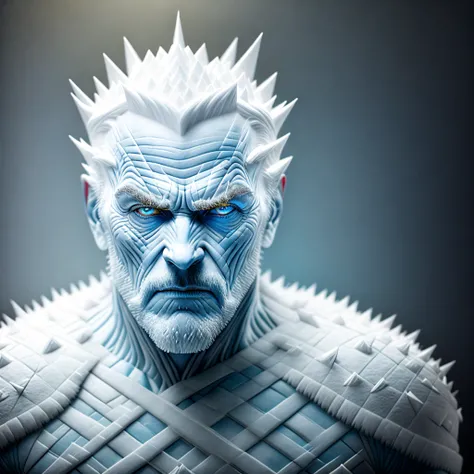 A retro pop art-style illustration of the (white walker) sitting on the throne from (game of thrones) with (one leg on top of the other) with a (serious face), (old man:1.4), (ice blue) eyes, his body has glass texture, pale wrinkled skin, cold atmosphere, white armor with (icicle spikes), Dark brush stroke style, thick strokes, paint style, realistic painting, hyper detailed, (detailed:1.2), intricate, 8k, contour lines, black eyes. a (crowd of white walkers:1.2) behind him out of focus, (amazing composition), (golden ratio), (rule of thirds), very realistic, photorealistic, circular background with blur glow