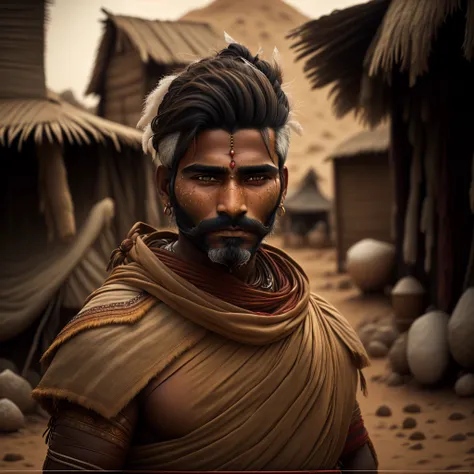beautiful masculine Indian man, rugged and scarred skin, brown complexion, indian village background, extremely sharp focus, slightly blurred background, depth of field, slight glow in eyes, thick beard, (salt and pepper look:1.2), Indian attire, clear face skin