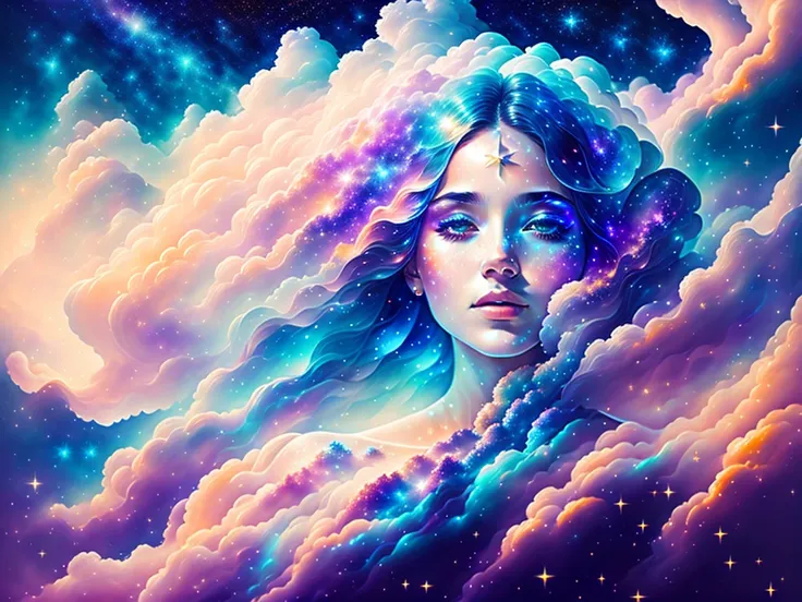 woman made of clouds, cloud body, stars background, stunningly beautiful, masterpiece, detailed background, (full body portrait:1.1), celestial background, ultra high quality model, ethereal background, abstract beauty, explosive volumetric, oil painting, heavy strokes, paint dripping, volumetric clouds, iridescent stars, sunset