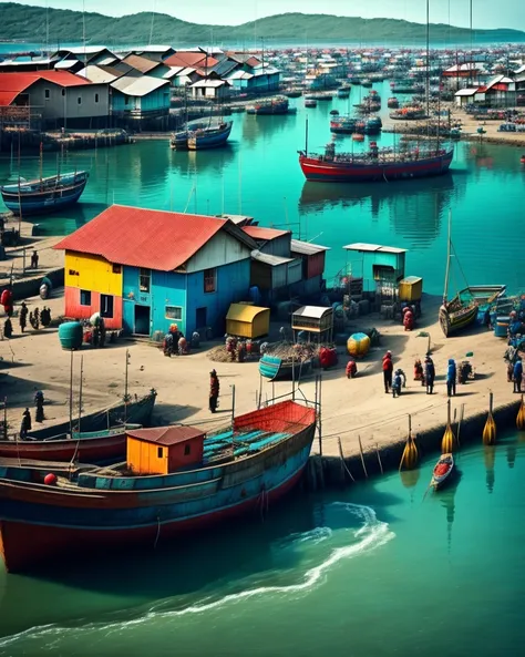 In the fishing village is a port where fishing boats and other boats are moored. Near the fishing port, you'll see port workers busy moving nets and gear, or fishermen repairing their boats.