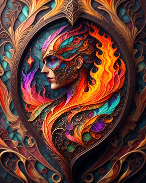 fire, scary, Art Nouveau, Digital Painting, upper body shot, textured, Faded, Mosaic, multicoloured colors, Metalheart, spot lighting, Ultra-realistic, highly detailed, natural lighting, ocean environment, Unity engine, 8k