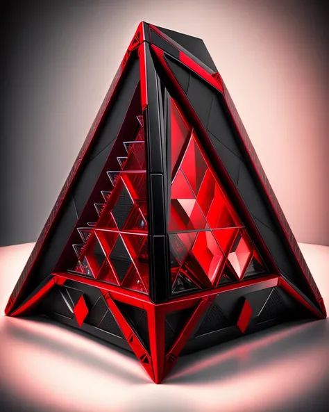 triangle frame, mesh, Sith Holocron, red, black, futuristic, high tech, triangle, hexagon, pyramid, dark, cristall, high detail, knowledge, artifact, dark side, matrix, symetri, complex