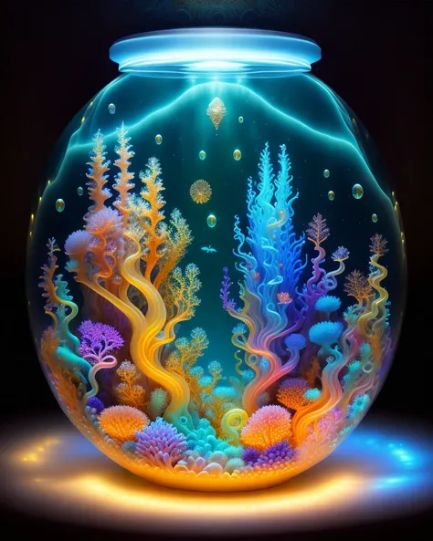 ancien atlantis unterwater scene with raylights, caustics, vivid colored corals, water snakes, jellyfishes, bioluminescence, fluorescence creatures, swimming fireflies, huge octopus monster had a very big bubble head, big eyes, highly detailed, centered, boris vallejo, H P Lovecraft, M C Escher, H R Giger, surreal, dramatic lighting, detailed, intricate, elegant, perfect lighting, anatomically perfect, intricate fractal ornaments,