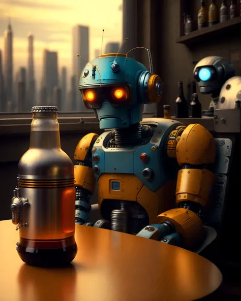 a person sitting at a table with a bottle of beer, bender, view is centered on the robot, fry, humanoid robot, inspired by Jimmy Boyle, crossover, robotic, 50, best friends, futuristic utopia, robot lurks in the background, talking animals