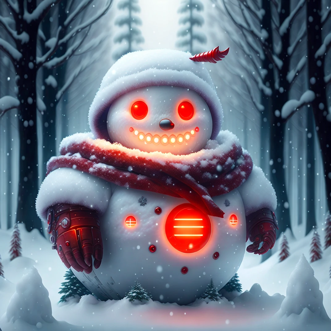 a snowman, half made out of cyborg parts, with one glowing red eye, with an evil smile on his face, in the middle of a snow forest, dynamic lighting, photorealistic fantasy concept art, trending on art station, stunning visuals, creative, cinematic, ultra detailed