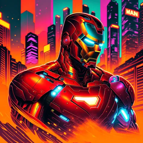 (iron man) angry with neon city background comic style