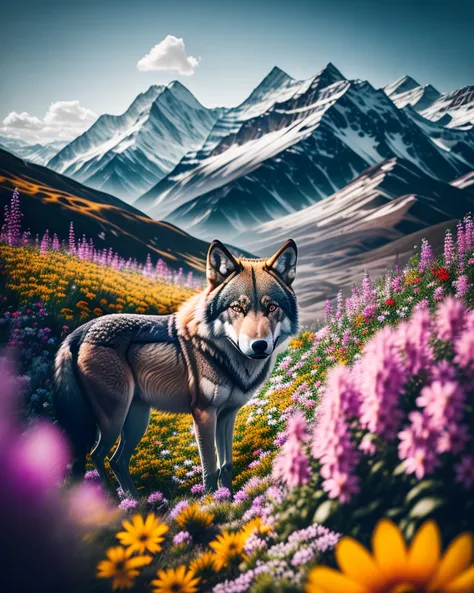professional photos of a wolf among flowers, mountains in background :: highly detailed,shot on Hasselblad X1D-50c,ISO 100 --ar 3:2 --q 2 --v 4 -