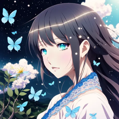 a portrait of a beautiful woman with flowers by holosomnialandscape, detailed proportions, beyond the clouds, water surrounded, reflections, close up, breathtaking clouds, by makoto shinkai, thomas kinkade, james gilleard, hdr, volumetric lighting, ray tracing, an intricate, high details, very detailed, deviantart, 4k vertical wallpaper,
colorful, airy, anime illustration, anime nature wallpaper, ((masterpiece)), (((best quality))), ((ultra-detailed)), ((illustration)), (an extremely delicate and beautiful), (1girl), blue eyes, upper body, extremely detailed anime face and eyes, portrait, (lots of blue butterflies), (black hair), long hair, ((blue taoist robes)), light particles, looking at viewer, blue flowers, branches, ((blue lace)), (((blue flowing lace))), starry eyes, starry adorns hair, bangs, disheveled hair, messy floating hair, detailed lighting, (ink), ((magic style)), (plain black background), partially monochrome