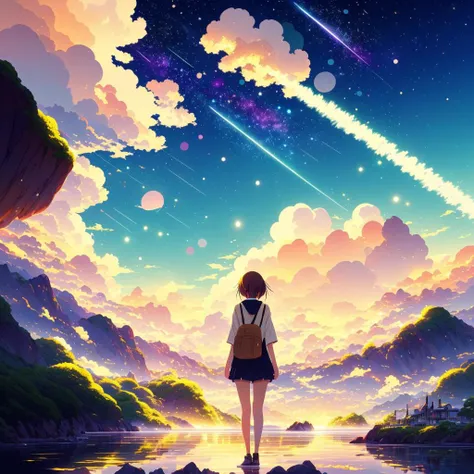 1 girl, eye, close up, beautiful night sky, meteor shower, beyond the clouds, water surrounded, reflections, wide angels, breathtaking clouds, wide angle, by makoto shinkai, thomas kinkade, james gilleard, by holosomnialandscape, hdr, volumetric lighting, ray tracing, an intricate, high details, very detailed, deviantart, 4k vertical wallpaper,
colorful, airy, anime illustration, anime nature wallpaper <lora:eyeLora_eyesV10:0.6>