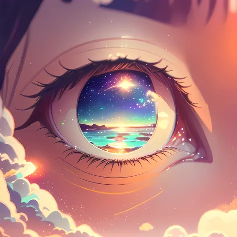 1 girl, eye, close up, beautiful night sky, meteor shower, beyond the clouds, water surrounded, reflections, breathtaking clouds, by holosomnialandscape, hdr, volumetric lighting, ray tracing, an intricate, high details, very detailed, deviantart, 4k vertical wallpaper, colorful, airy, human eye <lora:eyeLora_eyesV10:0.66>