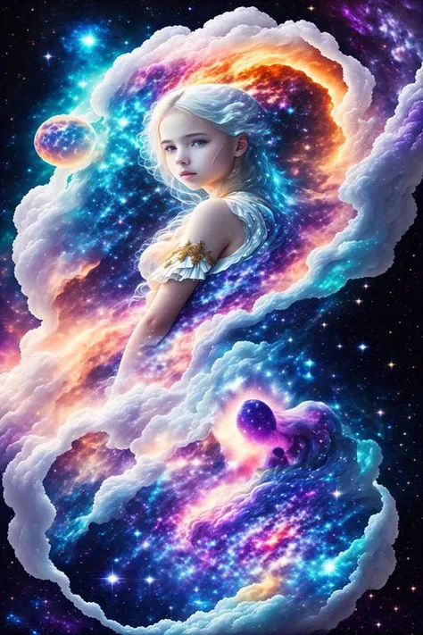 majestic personification of innocence on the form of a white_20 years old gorgeous female, colorful nebula, ancient, full bodyshoot
