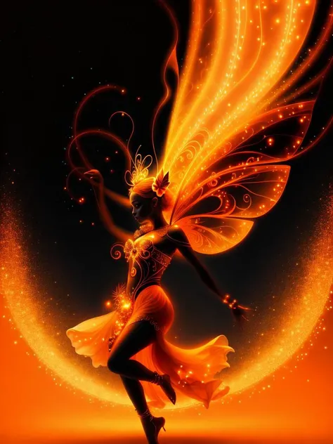 a picture of a butterfly on a black background, the butterfly goddess of fire, orange spike aura in motion, breathtaking digital art, a friendly wisp, photo pinterest, dancing lights, orange and white, kisses are wordless spells, beautiful design, minimalist