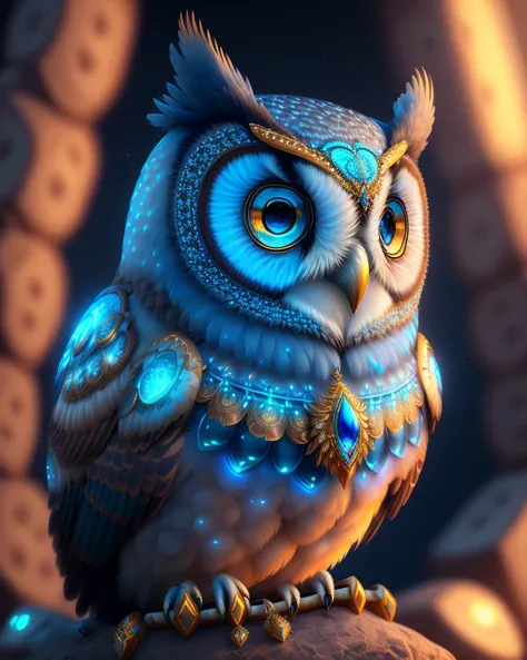 a digital painting of an owl with blue eyes, unreal engine render + a goddess, very detailed , beeple global illumination, elaborate ornate jewellery, trending on cgisociety, motion graphics, rossdraws global illumination, cgsociety