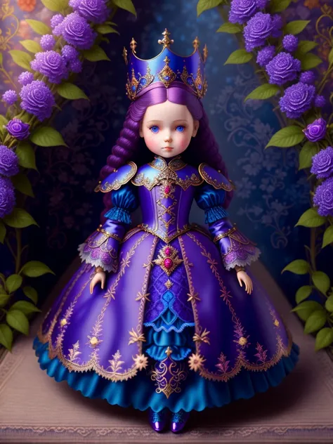a doll dressed in a blue and purple dress, magic fantasy highly detailed, baroque color palette, detailed face with mask, ultra - realistic and intricate, the red queen, colorful light leather armor, prima ballerina in rose garden, highly detailed clothing, lady, realistic. detailed feathers