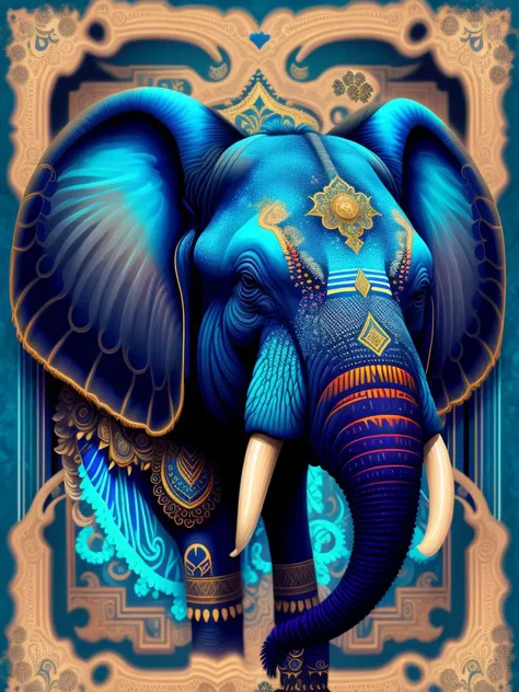 a digital painting of an elephant's head, ornate and intricate backdrop, psytrance artwork, intricate abstract upper body, detailed beautiful portrait, my computer icon, blue and black, lush wildlife, high detailed cartoon, powerful warrior