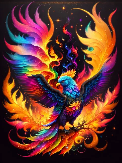 a painting of a colorful bird on a black background, phoenix rising from the ashes, breathtaking render, within radiate connection, inspired by Kinuko Y. Craft, melting into vulpix, magical elements, white eagle icon, wow it is beautiful, casting a multi colored spell, bright flare, flare